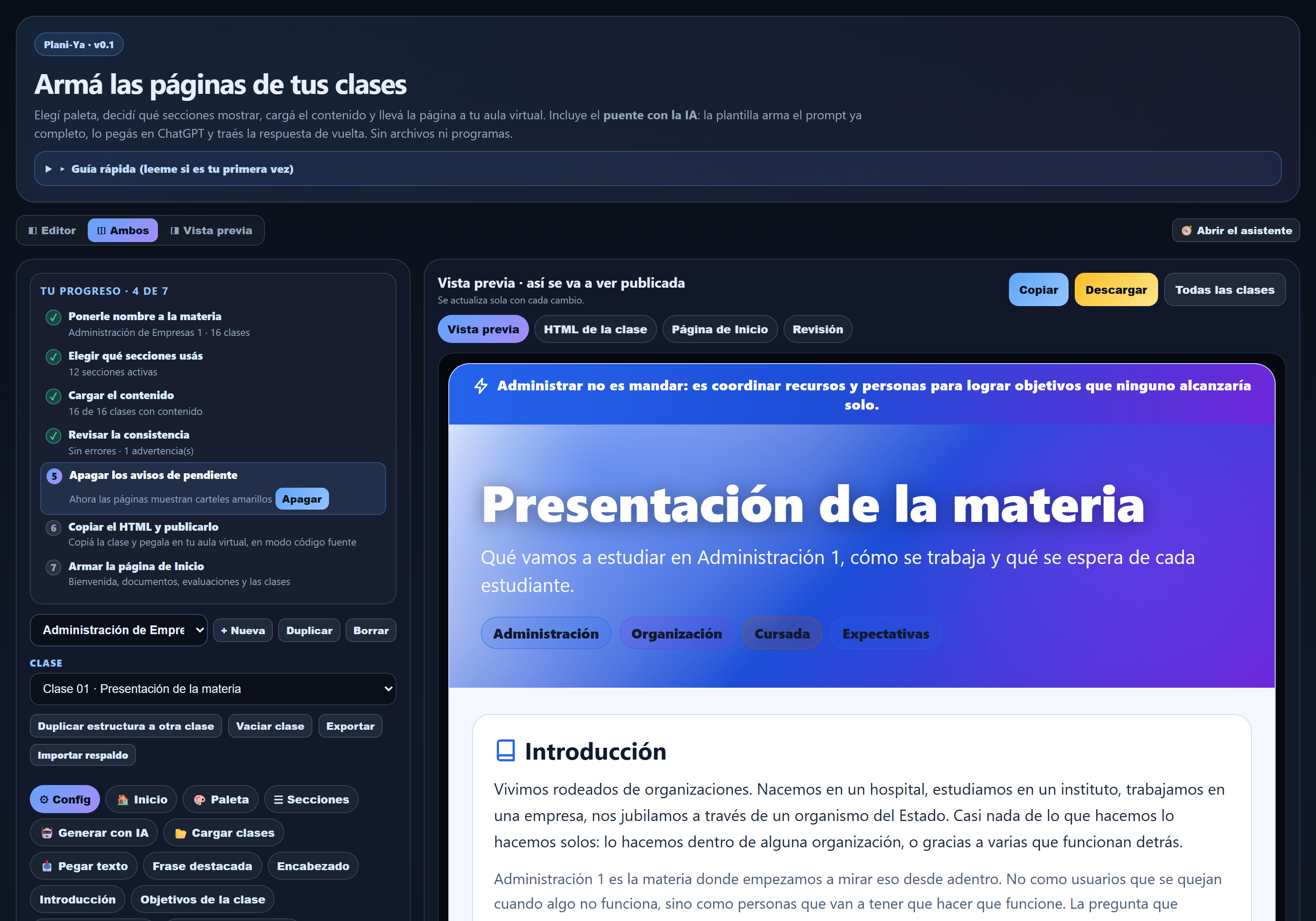 Plani-Ya abierto, con el editor a la izquierda y la vista previa a la derecha