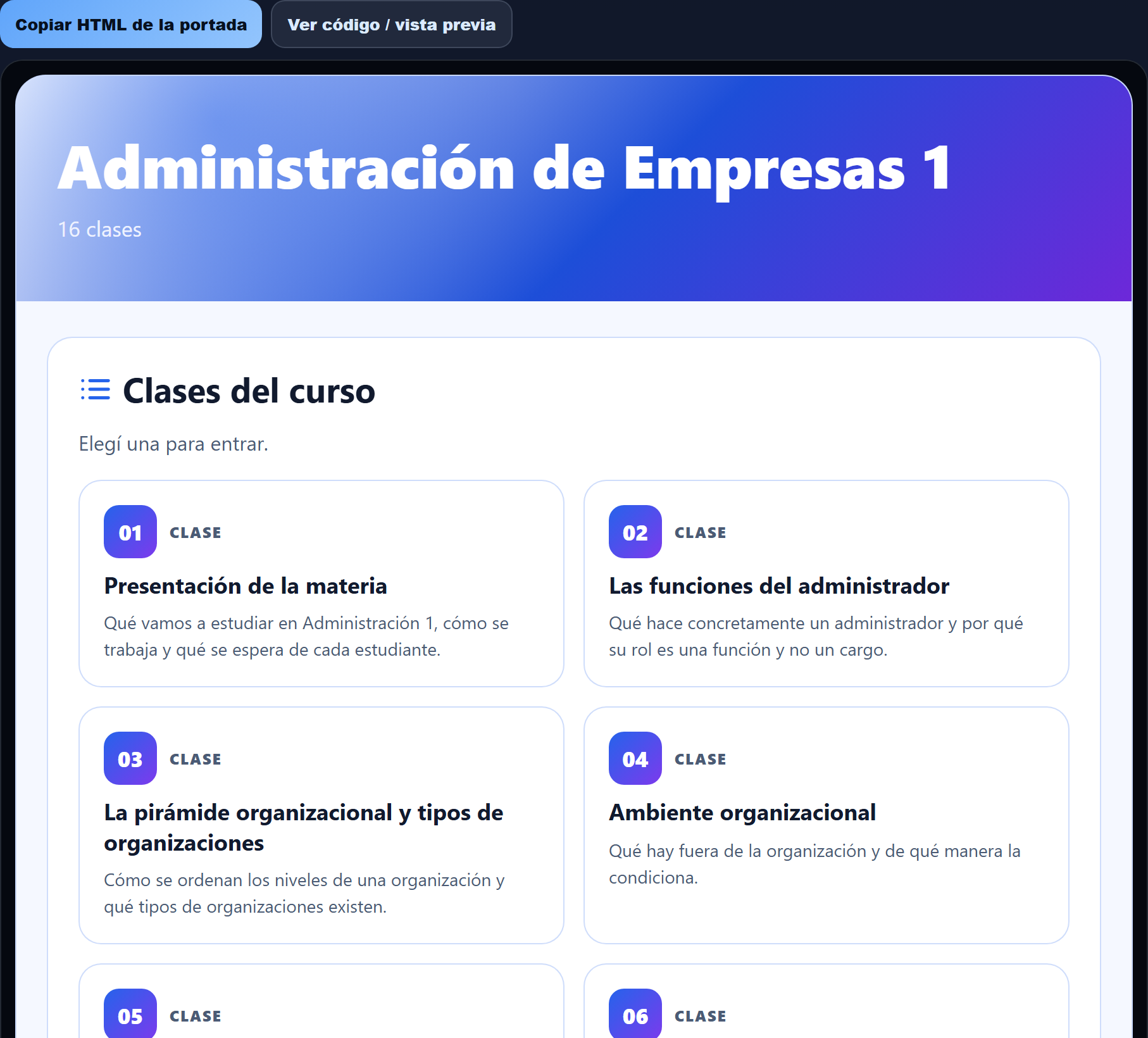 Página de inicio del curso generada